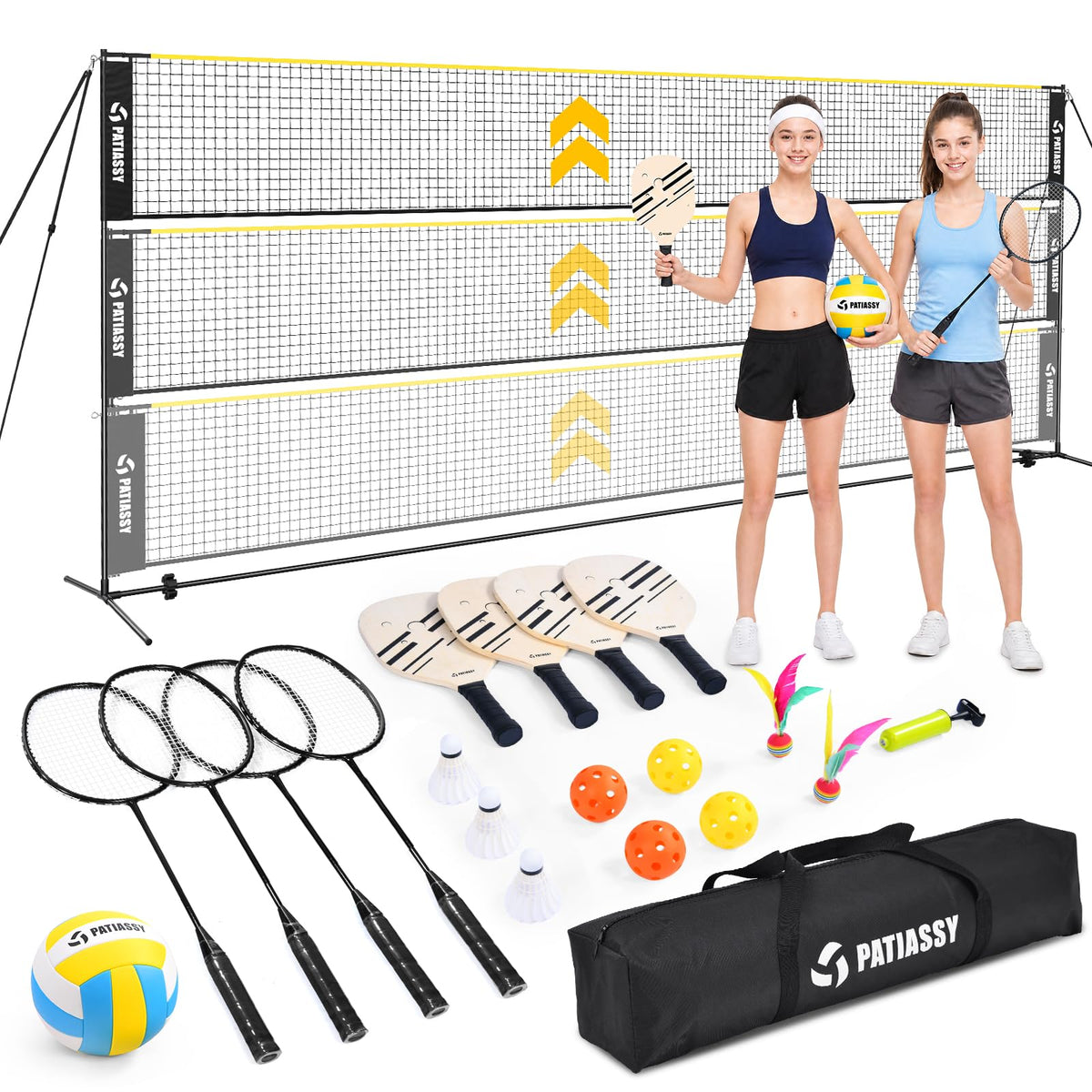 3-in-1 Volleyball Badminton Pickleball Net Set Adjustable Height Indoor & Outdoor Games, 17FT Portable Net, Height Adjustable 5.1-7.4FT, Combo Set with Balls Rackets Shuttlecocks Carry Bag