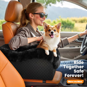 Center Console Dog Car Seat for Small Dogs Under 11lbs, Black Anti-Collapse, Safety Tether, Faux Rabbit Fur-Lined & PU Leather Cover, Washable Puppy Seat for SUV/Truck, Ideal for Travel