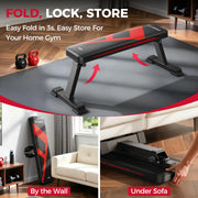 Foldable Flat Weight Bench for Home Gym, 600 lbs Capacity with Dual Locking for Strength Training, Easy Setup & Storage for Small Apartments, Lifting, Hip Thrust, Dumbbell Workout