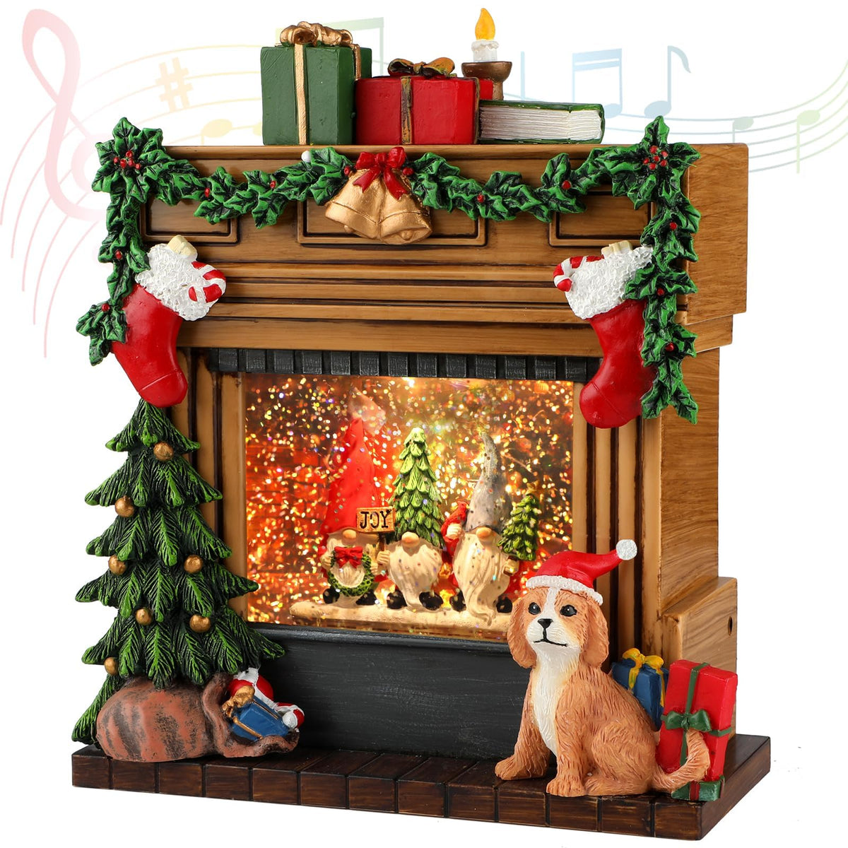 Christmas Snow Globes with 6H Timer, Lighted Musical Snow Globe Gnomes and Dog Fireplaces Lantern with Swirling Glitter, USB & Battery Operated Spinning Glitter Snow Globe Christmas Decorations Gifts