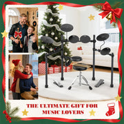 Electric Drum Set for Beginners with 210 Sounds, 4 Quiet Drum Pads, 10'' Cymbals, Electronic Drum Kit with Headphones, 2 Pedals, Throne, Sticks, Gifts for Kids Adults (ADD15)