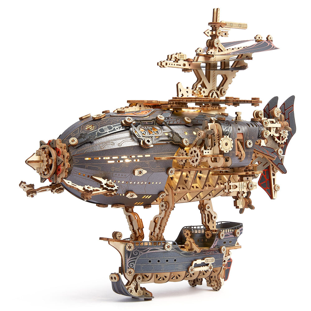 LED 3D Wood Puzzle Fantasy Airship Model - Steampunk DIY Craft Kit with LED Lights – Intricate Wooden Airship Model Building Set for Adults(Gray)
