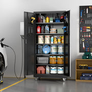 Black Metal Garage Storage Cabinet with Wheels, 34"W x 18"D x 71"H Assembly Required,5 adjustable shelves; 4 lockable casters and lockable doors organize tools and supplies