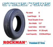 Trailer Tire Wheel ST205/75R15 8PR D 107M 5X4.5" PCD Black Mod Rim