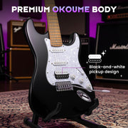 Electric Guitar Kit Beginner - 39in Guitar Set Adults with Roasted Maple Neck HSS Pickup Solid Okoume Body Electric Guitar with Gig Bag Amplifier Strap Strings Cable Picks Black