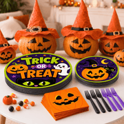 97 Pcs Halloween Party Plates, Pumpkin Party Supplies for 24, Halloween Party Tableware Set for Birthday Parties, Home Decorations and Holiday Celebrations