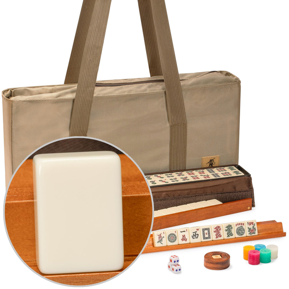American Mahjong Set, Mojave (Ivory) with Brown Soft Case, All-in-One Racks with Pushers, Wright Patterson Scoring Coins, Dice, & Wind Indicator