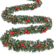 2 PCS Prelit Christmas Garland with 100 Lights Total 18 Ft Christmas Decor Timer Battery Operated Thick 177 Snowy Tips Red Berry Pinecones Xmas Cedar Garland for Mantle Door Home Indoor Outdoor Decor