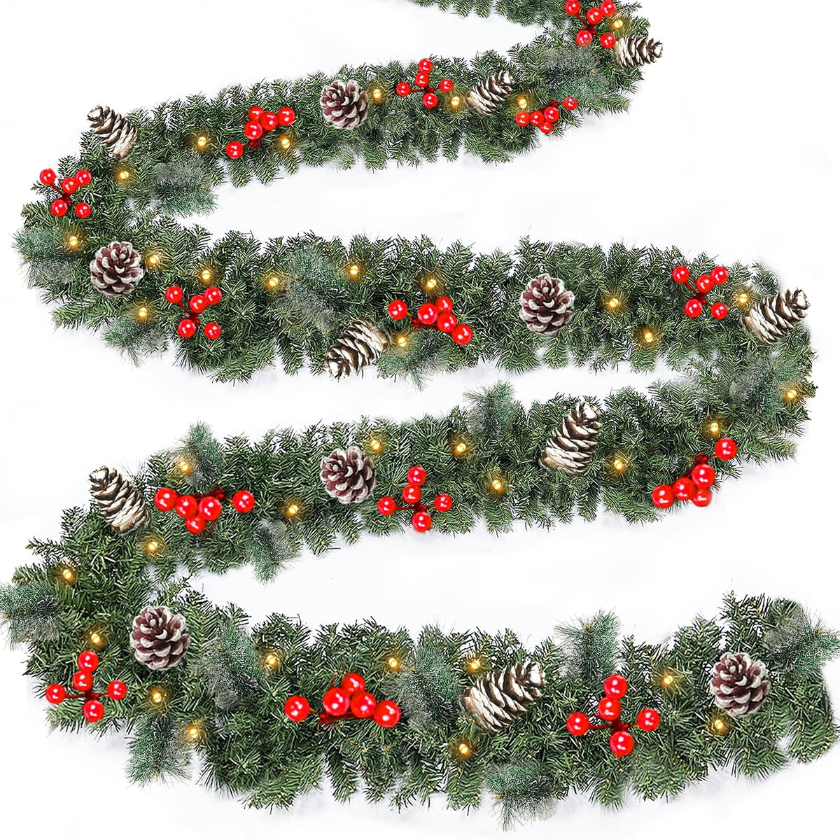 2 PCS Prelit Christmas Garland with 100 Lights Total 18 Ft Christmas Decor Timer Battery Operated Thick 177 Snowy Tips Red Berry Pinecones Xmas Cedar Garland for Mantle Door Home Indoor Outdoor Decor