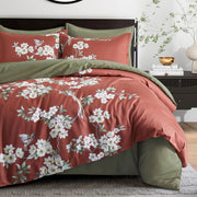 Exotic Modern Floral Print Bedding Birds Flowers Dusty Grey Design 100% Cotton Duvet Cover 3pc Set Hibiscus Blossom Branches in Muted Gray Blue (Super King, Egret White)