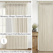 Extra Wide 70 Inch Blackout Curtains 90 Inches Long for Dining Room 2 Panels Set, Memory Trained Pinch Pleated Thermal Sound Dampening Double Layer Linen Blend Ivory Windows Drapes 70x90 Length