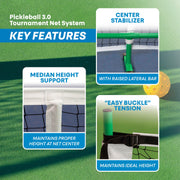 3.0 Tournament Pickleball Net with Carry Bag, 22ft Powder-Coated Steel Frame, Buckle Tension System, 5 Min Tool-Free Setup, Regulation Size