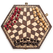 Three-Player Wooden Chess Set, 12 in 3-player hexagonal chess set, hornbeam chessmen, pyrography board, 12.7 x 0.9 x 10.9 in when open