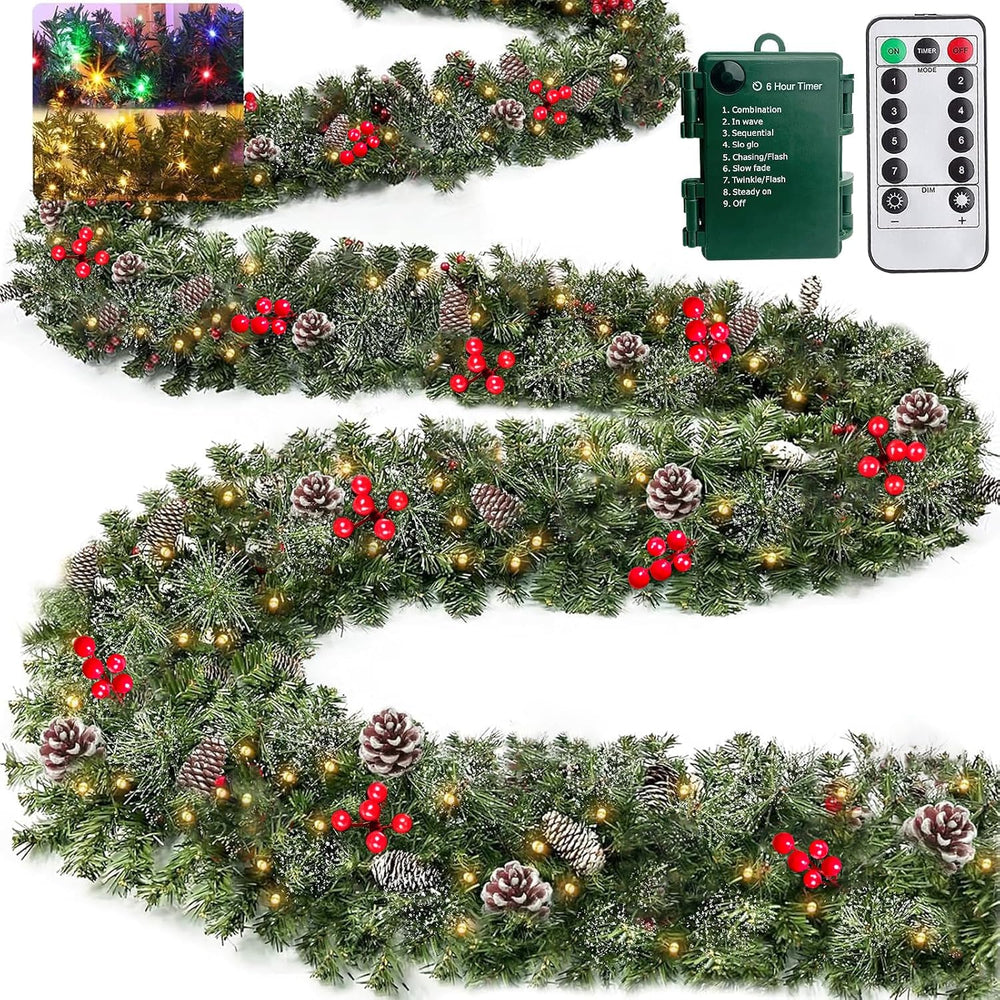 Remote Control&Super Long&8 Modes-18Ft Prelit Snowy Bristle Pine Christmas Garland for Stairs Door Porch Mantle Outdoor Indoor,100 Warm White&Color Switch Lights,Timer,352 Branches 50 Berry Pinecone