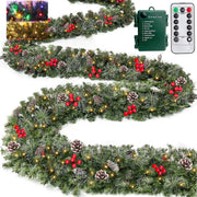 Remote Control&Super Long&8 Modes-18Ft Prelit Snowy Bristle Pine Christmas Garland for Stairs Door Porch Mantle Outdoor Indoor,100 Warm White&Color Switch Lights,Timer,352 Branches 50 Berry Pinecone