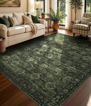 Washable Olive Green 8x10 Area Rugs for Living Room, Dark Vintage Rug for Bedroom Non Slip Distressed, Large Soft Boho Floral Carpet for Playroom Dining Room Home Office Decor