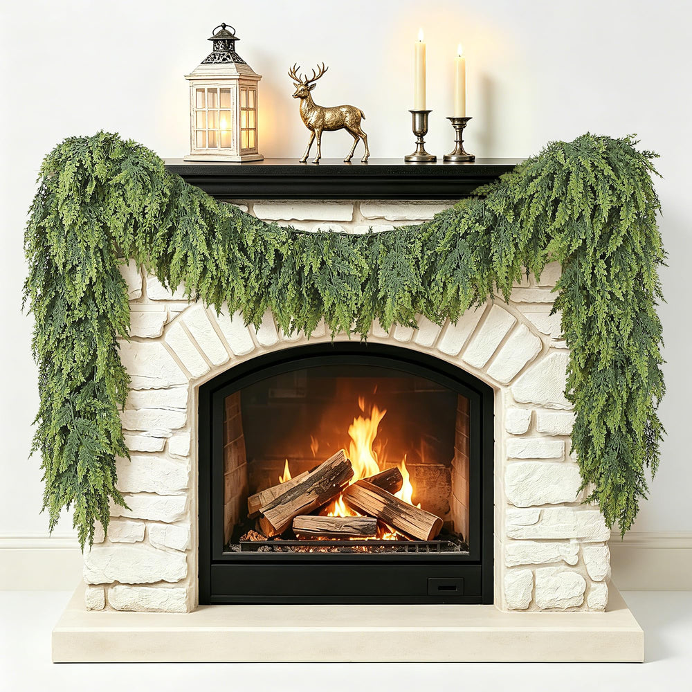 Christmas Garland Real Touch Cedar Garland with Upgrade Large Cedar Branches 9 ft Lush Realistic Faux Pine Garlands for Mantle, Table, Stairs, Doorframe, Fireplace Indoor Outdoor Holiday Decorations