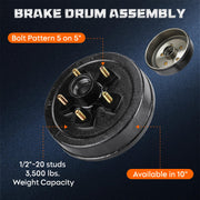5 on 5" Trailer Brake Drum Kit, 10" X 2-1/4", for 3,500 lbs. Axle, for RVs Electric Brakes Drums Assembly. NOT FITS 5 ON 4.5.