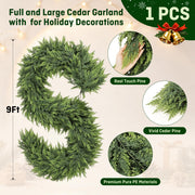 Christmas Garland Real Touch Cedar Garland with Upgrade Large Cedar Branches 9 ft Lush Realistic Faux Pine Garlands for Mantle, Table, Stairs, Doorframe, Fireplace Indoor Outdoor Holiday Decorations