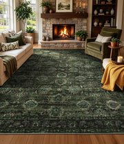 Washable Olive Green 8x10 Area Rugs for Living Room, Dark Vintage Rug for Bedroom Non Slip Distressed, Large Soft Boho Floral Carpet for Playroom Dining Room Home Office Decor