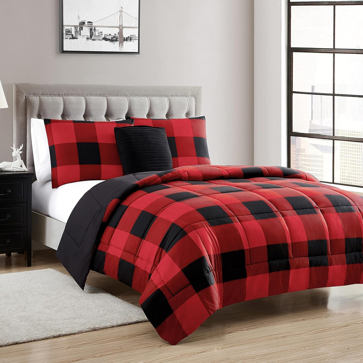 7 Piece Comforter Set Bag Solid Color All Season Soft Down Alternative Blanket & Luxurious Microfiber Bed Sheets, Queen, Buffalo Plaid Burgundy/Black (Pack of 4)