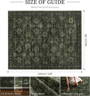 Washable Olive Green 8x10 Area Rugs for Living Room, Dark Vintage Rug for Bedroom Non Slip Distressed, Large Soft Boho Floral Carpet for Playroom Dining Room Home Office Decor