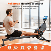 16-Level Magnetic Rowing Machine with Extended Slide Rail, App-Ready Monitor, Standard Seat, Black, 350 lb Capacity