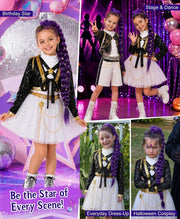 G'irl's Halloween Cosplay Costume, Pop Singer Costume, Sequin Jackets Skirts with Purple Braid for Birthday Party