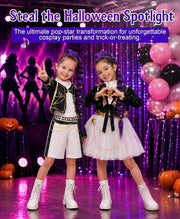 G'irl's Halloween Cosplay Costume, Pop Singer Costume, Sequin Jackets Skirts with Purple Braid for Birthday Party