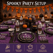 Purple and Black Halloween Party Supplies Set, Serves 10, Skeleton Plates, Napkins, Cups and Cutlery for Home and Classroom Events, 101PCS