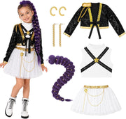 G'irl's Halloween Cosplay Costume, Pop Singer Costume, Sequin Jackets Skirts with Purple Braid for Birthday Party