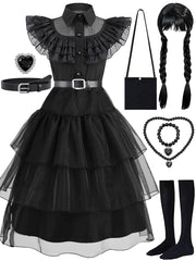 Girls Halloween Costume Fancy Dress with Wig Black for Kids Carnival Party 3-4 Years