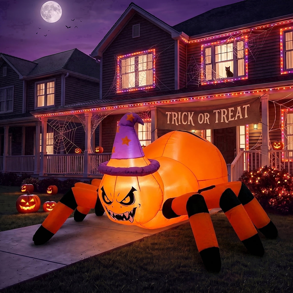 Glazina 6ft Halloween Inflatable Pumpkin Spider with Witch Hat, Built-In LED Lights, Outdoor Halloween Blow Up Yard Decoration
