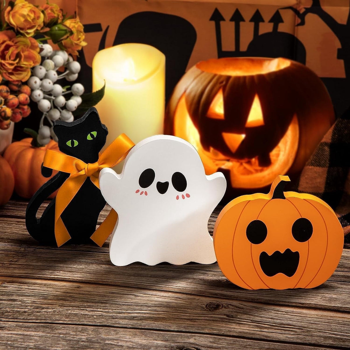 Halloween Decorations Indoor Halloween Tiered Tray Decorations Cute Ghost Wooden Decor Halloween Tabletop Decorations Pumpkin Blocks Signs for Home Decoration Set of 3