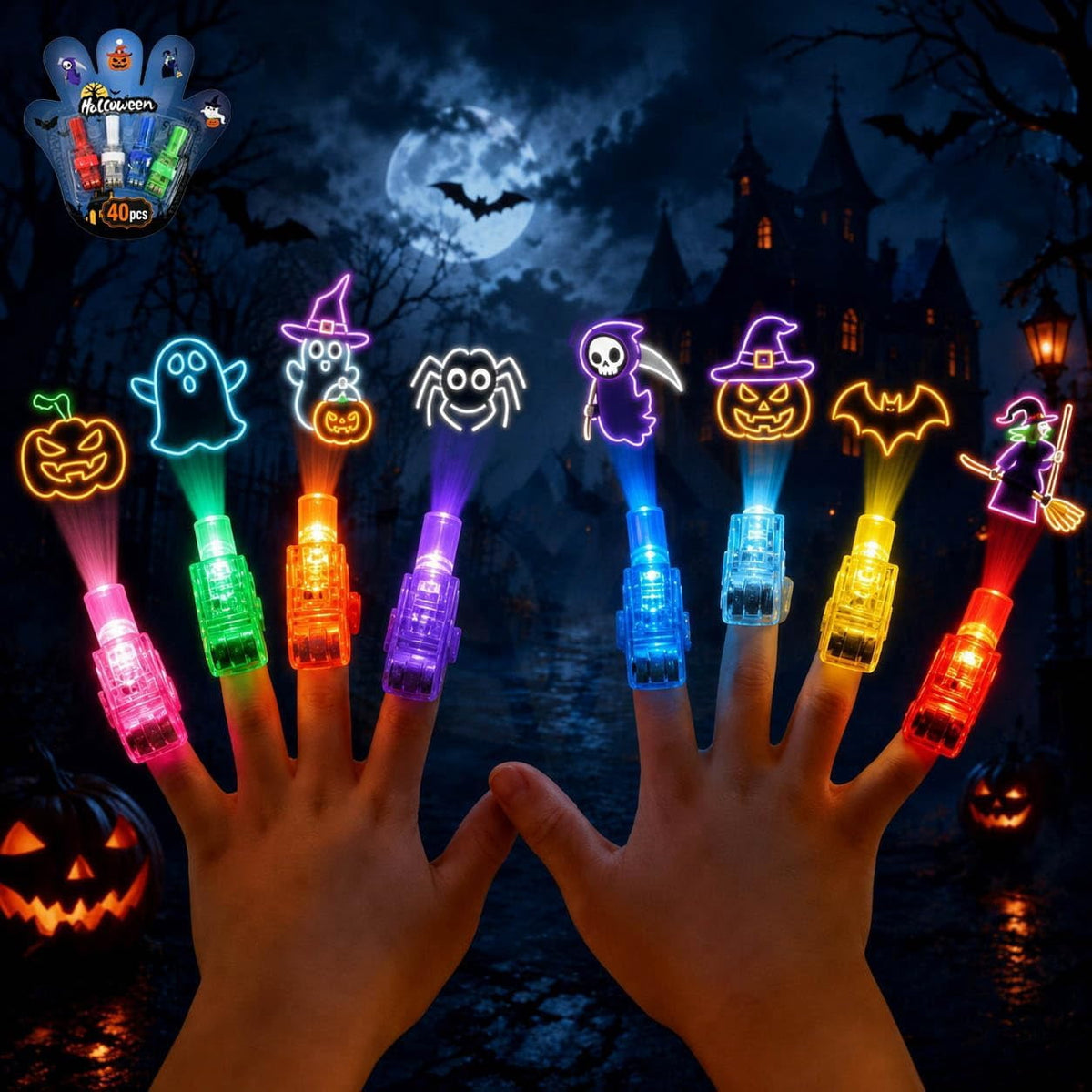 Halloween Finger Projector Light Spooky Glow, Multi Color Elastic Band Mini Lamps, Trick or Treat Goodie Bag Favor for Kids(RL)