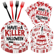 96PCS Halloween Paper Plates and Napkins Set for 24 Guests, Spooky Halloween Disposable Dinnerware, 9" Dinner Plates, 7" Dessert Plates, Napkins and Plastic Forks, Halloween Party Supplies