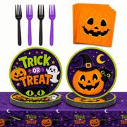 97 Pcs Halloween Party Plates, Pumpkin Party Supplies for 24, Halloween Party Tableware Set for Birthday Parties, Home Decorations and Holiday Celebrations