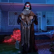 Joyfy 5.6 FT Standing Grim Reaper with Chain, Large Halloween Decorations Outdoor, Life Size Animatronics Skelton, Sound-Actived Party Decor with Creepy Sound and LED Eyes, Scary Haunted Hou