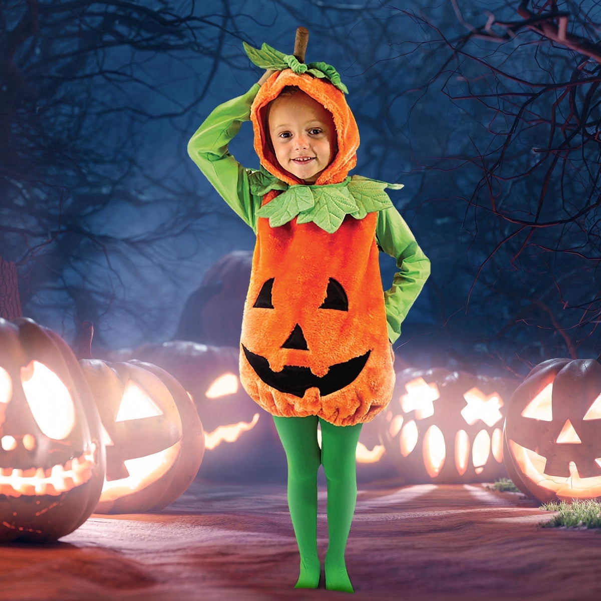 Joyfy Halloween Pumpkin Costume for Toddler, Pumpkin Costume with Plush Green Leaves, Halloween Party Dress up Costume 3-4 Yrs