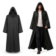 Halloween Hooded Robe Cloak, Men's Black Tunic Cosplay Costume, Medieval Themed Jedi Knight Cape for Adults - Size L