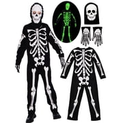 Kids Boys Halloween Skeleton Costume Glowing in The Dark with Mask Gloves Fancy Dress Outfit Green 4-12 Years