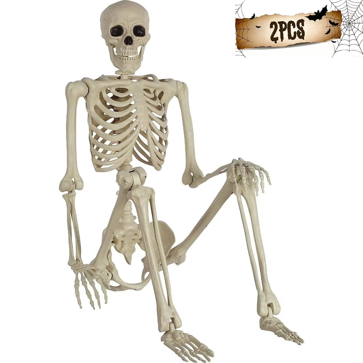 2PCS Halloween Skeleton Decoration Posable Skeletons Realistic Joint Design,Indoor Outdoor Haunted House Props,16inches/40cm