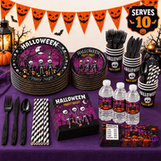Purple and Black Halloween Party Supplies Set, Serves 10, Skeleton Plates, Napkins, Cups and Cutlery for Home and Classroom Events, 101PCS