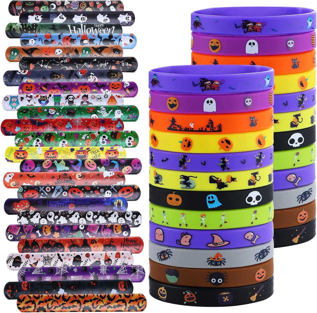 WYSHOP 48Pcs Halloween Party Favors Decorations Slap Bracelets Rubber Wristbands, Trick or Treat Party Favors, Classroom Prizes, Halloween Party Gift Treat Bag Filler Supply