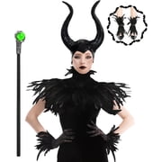 Women's Halloween Maleficent Costume, Gothic Black Crow Darkness Suits with Horn, Staff, Feather Cape Shawl and Long Lace Gloves and Footcovers for Adult Evil Witch Maleficent Queen Cosplay