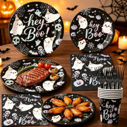 125PCS Hey Boo Ghost Halloween Tableware Set for 25 Guests, Includes 9" and 7" Paper Plates, Napkins, Cups and Plastic Forks, Pastel Ghost Party Supplies for Kids, Halloween Birthday Party
