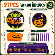 97 Pcs Halloween Party Plates, Pumpkin Party Supplies for 24, Halloween Party Tableware Set for Birthday Parties, Home Decorations and Holiday Celebrations