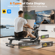 16-Level Magnetic Rowing Machine with Extended Slide Rail, App-Ready Monitor, Standard Seat, Black, 250 lb Capacity