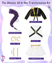 G'irl's Halloween Cosplay Costume, Pop Singer Costume, Sequin Jackets Skirts with Purple Braid for Birthday Party