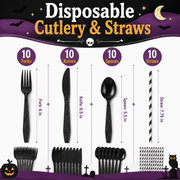 Purple and Black Halloween Party Supplies Set, Serves 10, Skeleton Plates, Napkins, Cups and Cutlery for Home and Classroom Events, 101PCS